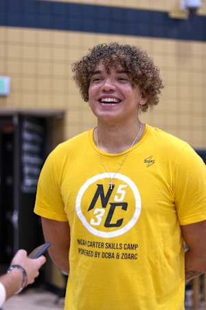 Oct. 16, 2023: Missouri forward Noah Carter answers questions from reporters at Missouri men’s basketball Media Day at Mizzou Arena.